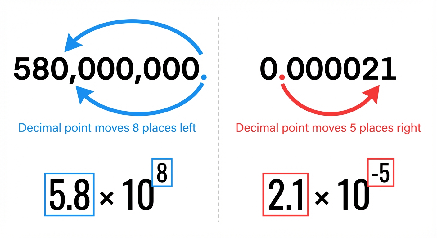 A diagram showing a large number like 580,000,000 with arrows indicating the decimal point moving 8 places to the left to become 5.8, and a small number like 0.000021 with arrows showing the decimal moving 5 places to the right to become 2.1.