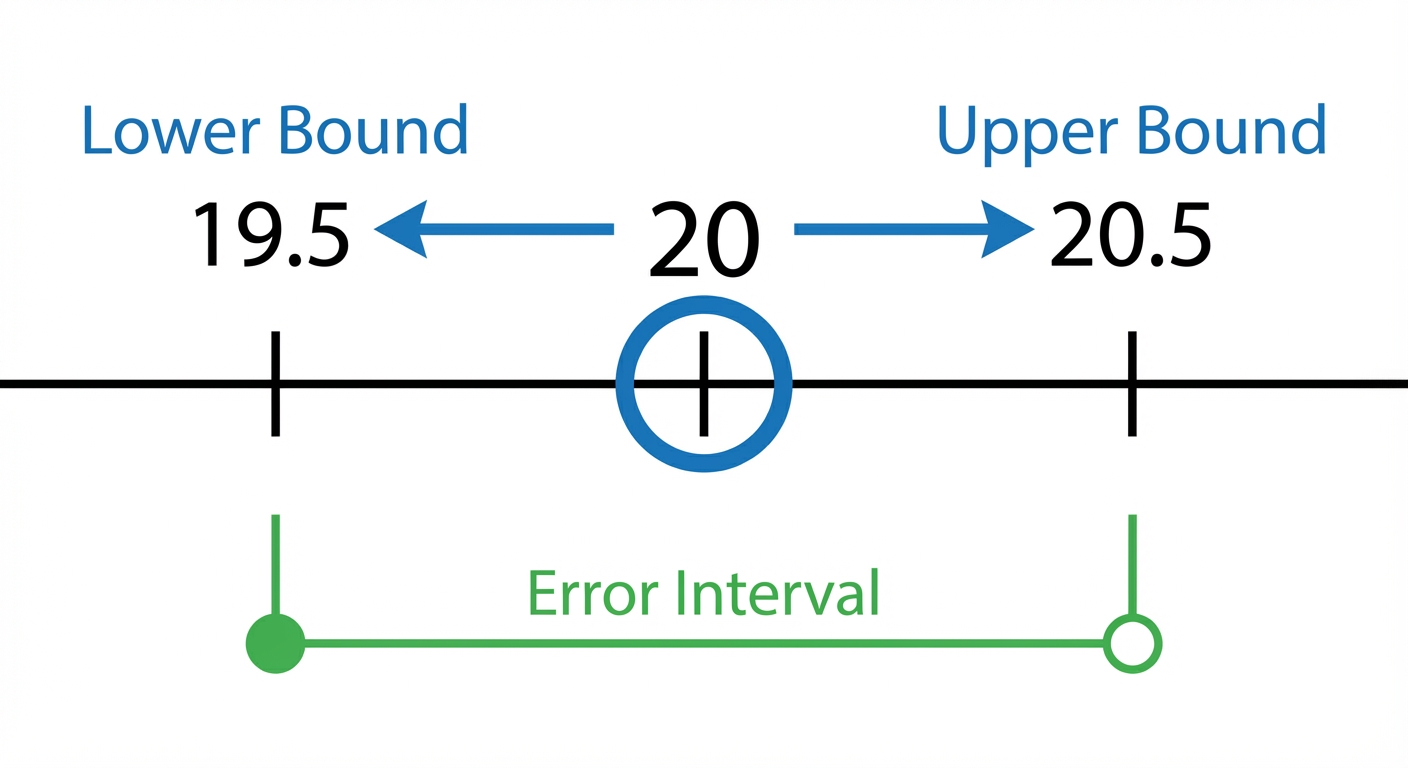 A clear number line centered on a rounded value, for example, 20. Arrows point left to the Lower Bound (19.5) and right to the Upper Bound (20.5). A bracket below the line shows the Error Interval from 19.5 up to 20.5, with a solid dot at 19.5 and an open circle at 20.5 to show it's included/excluded.