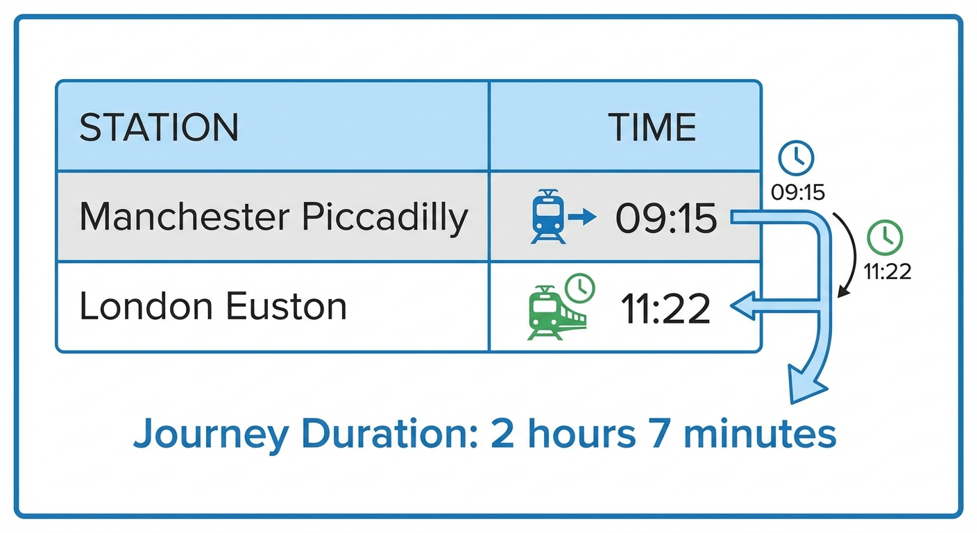 A simple train timetable showing a journey from 'Manchester Picadilly' to 'London Euston', with departure time 09:15 and arrival time 11:22.