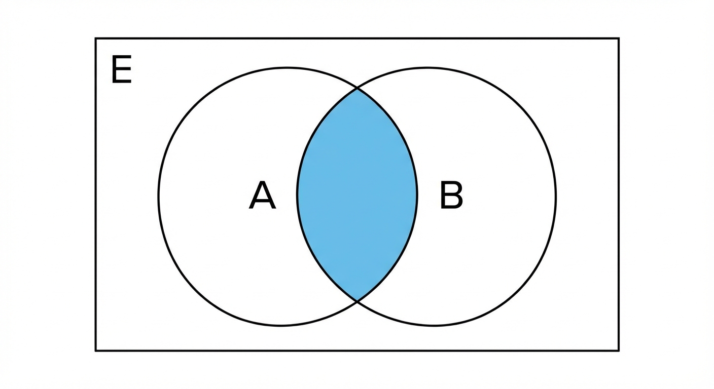 A Venn diagram showing two overlapping circles, labeled A and B, inside a rectangle labeled E. The overlapping section is shaded differently.