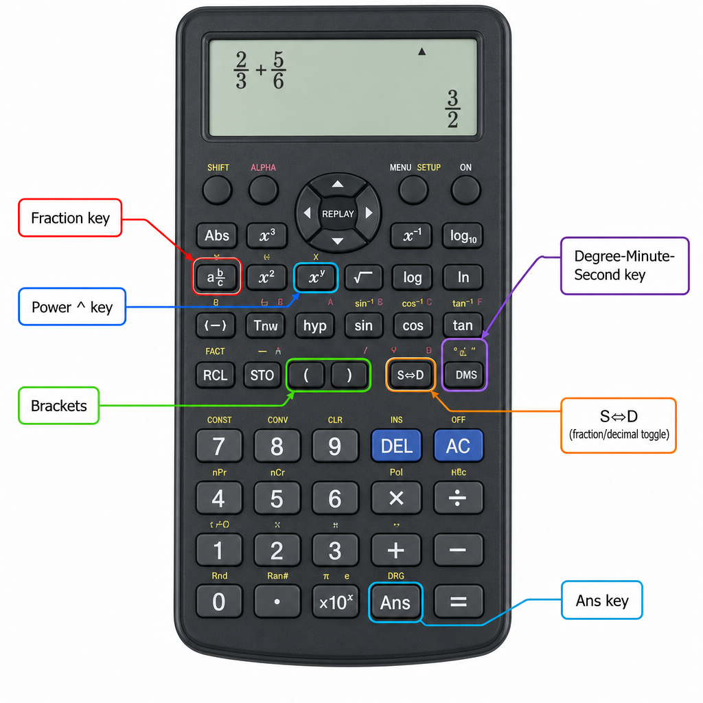 A labelled diagram of a Casio-style scientific calculator with arrows identifying the fraction key, the power ^ key, the Ans key, the brackets, the S⇔D (fraction/decimal toggle), and the degree-minute-second key.