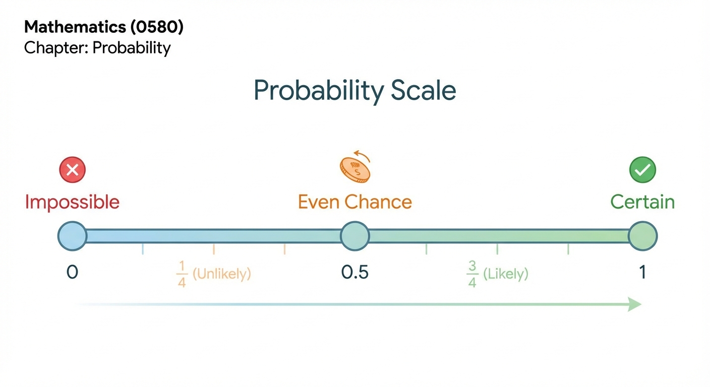 A horizontal line labeled 'Probability Scale'. It starts at 0, labeled 'Impossible', has 0.5 in the middle, labeled 'Even Chance', and ends at 1, labeled 'Certain'.