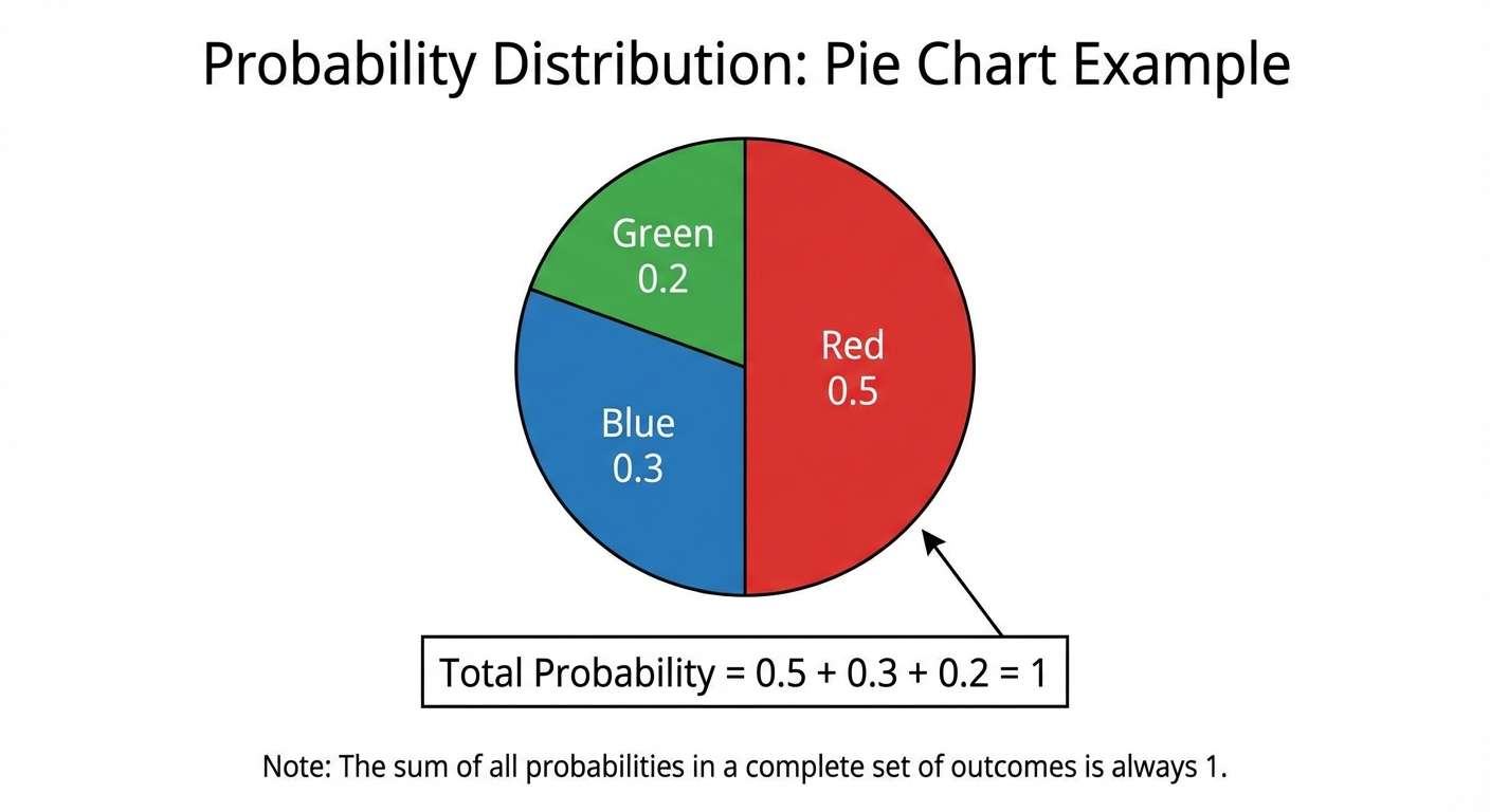 A pie chart split into three colored sections (Red, Blue, Green) with probability values like 0.5, 0.3, 0.2, showing they add up to 1.