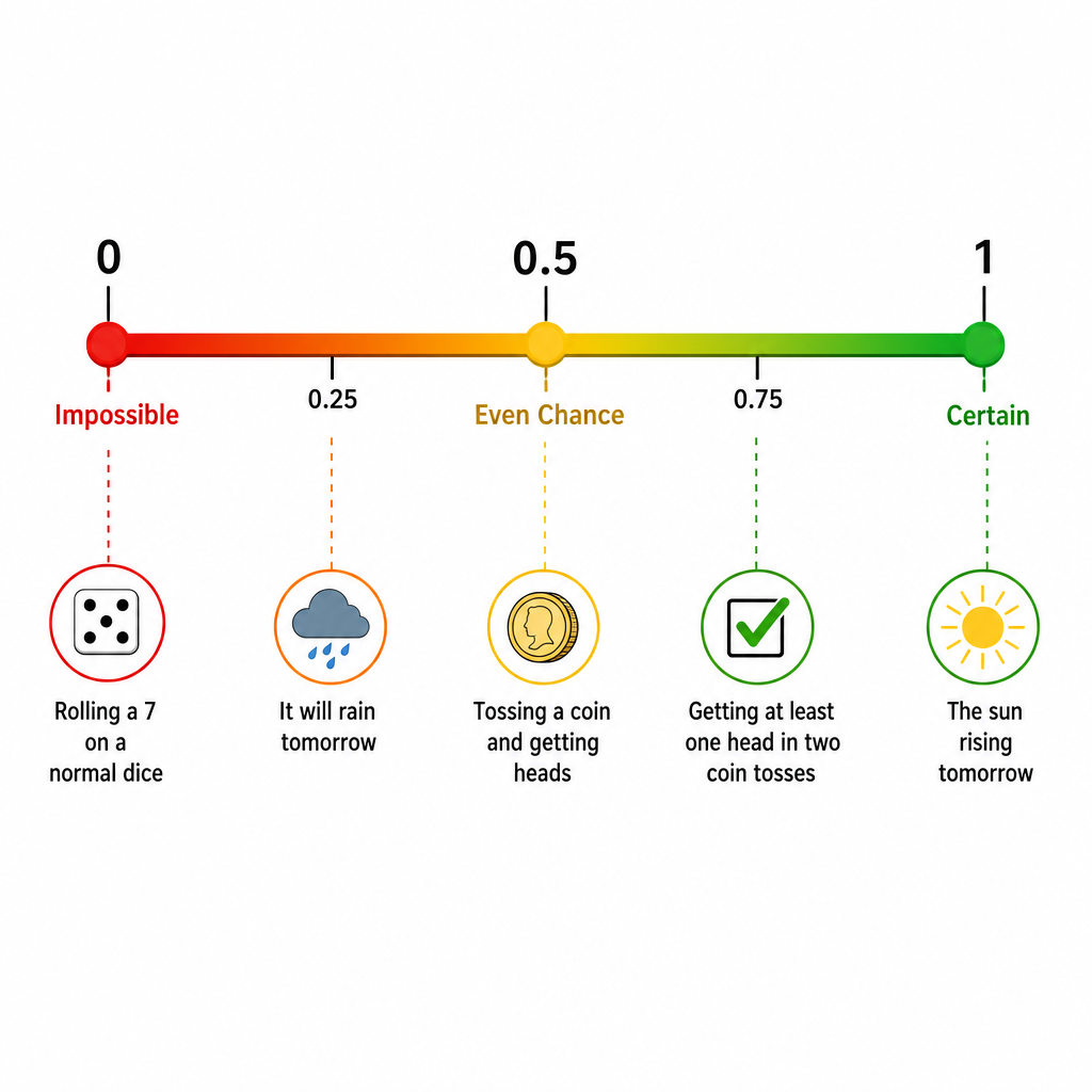 A horizontal slider bar labelled 'Probability Scale'. At the far left is '0' with the label 'Impossible'. At the far right is '1' with the label 'Certain'. In the middle is '0.5' with the label 'Even Chance'. Examples are placed along the scale, like 'Rolling a 7 on a normal dice' at 0, and 'The sun rising tomorrow' at 1.