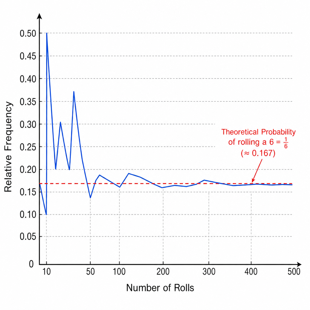 A line graph showing the relative frequency of rolling a '6' on a die. The x-axis is 'Number of Rolls' (from 10 to 500) and the y-axis is 'Relative Frequency'. The line fluctuates wildly at the start but gets closer and closer to the theoretical probability line at 1/6 (approx 0.167) as the number of rolls increases.