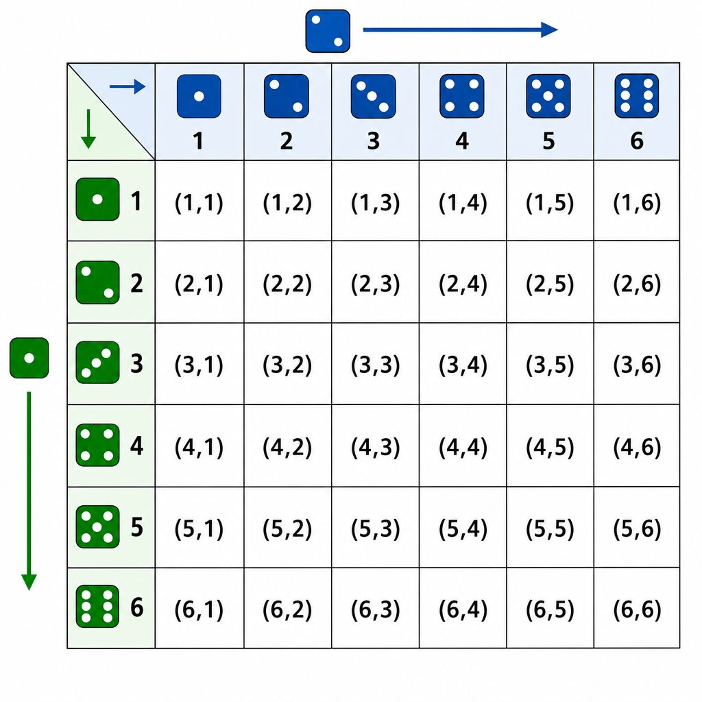 A 6x6 grid showing all 36 possible outcomes of rolling two six-sided dice.