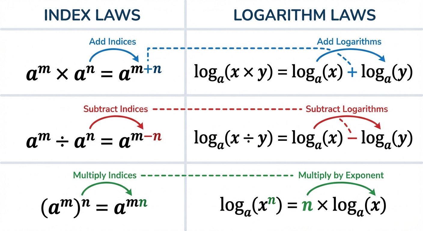 A clear graphic showing the three main laws of logarithms side-by-side with their corresponding index laws (e.g., next to the product rule for logs).