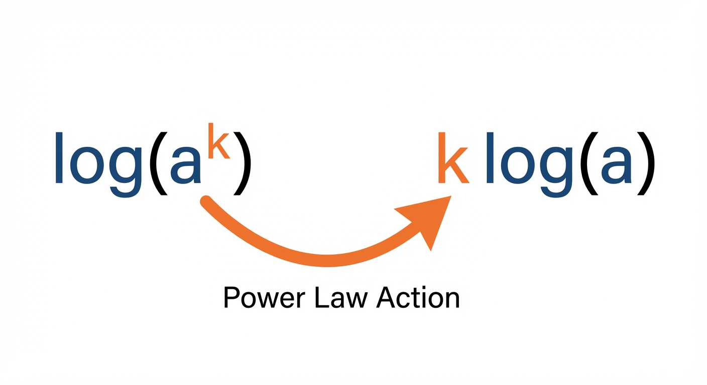 A diagram showing the power law in action. An arrow pulls the 'k' from the exponent of down to become a coefficient, .