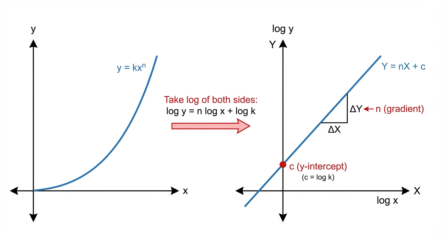 A diagram showing two graphs. The first is a curve on (x, y) axes, labelled y=kx^n. An arrow points to the second graph, which is a straight line on (log x, log y) axes, labelled Y=nX+c, clearly showing the gradient 'n' and y-intercept 'c'.