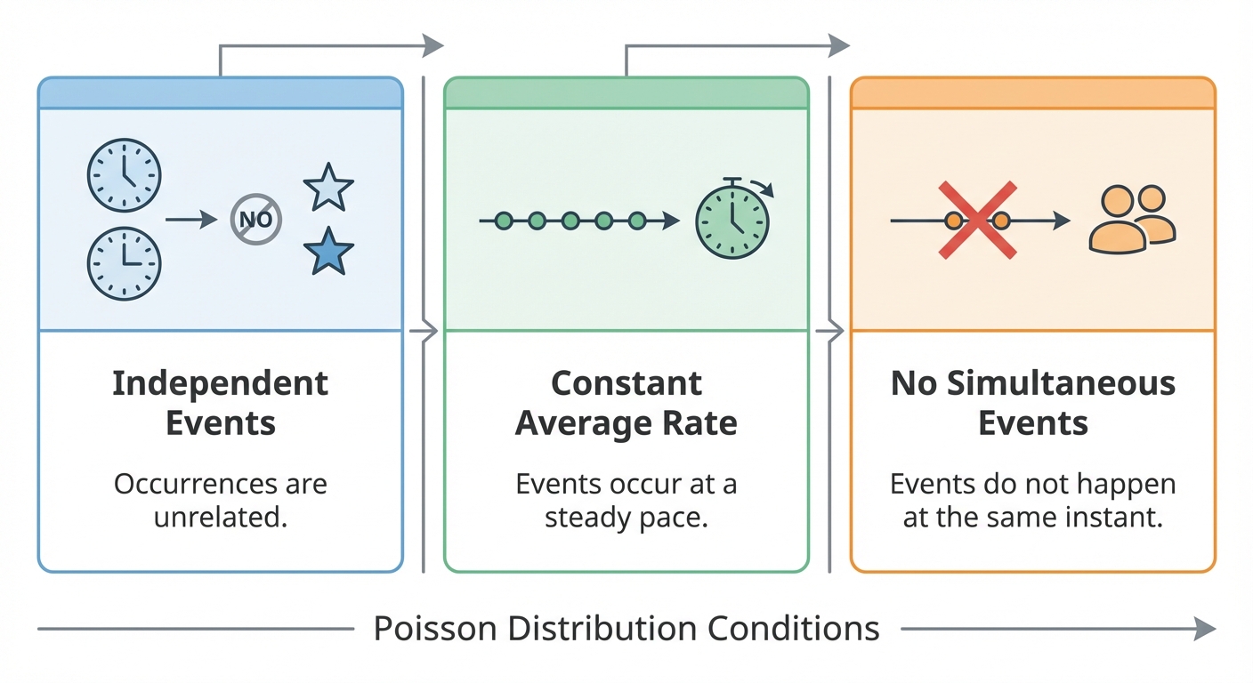 A simple infographic showing three icons representing the conditions for a Poisson distribution: 'Independent Events', 'Constant Average Rate', and 'No Simultaneous Events'.