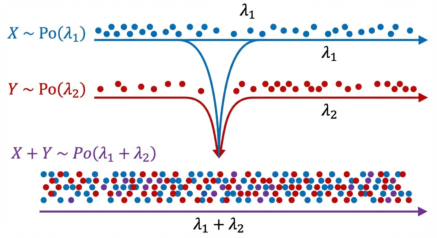 A simple graphic showing two streams of random dots (one for X~Po(λ₁) and one for Y~Po(λ₂)) merging into a single, denser stream of dots (for X+Y~Po(λ₁+λ₂)).