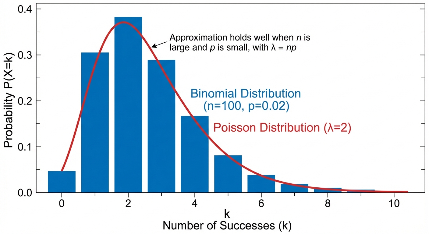 A graph showing a Binomial distribution with n=100 and p=0.02, represented by bars. Superimposed on it is a smooth line graph of a Poisson distribution with lambda=2. The two graphs are almost identical, visually demonstrating how close the approximation is.