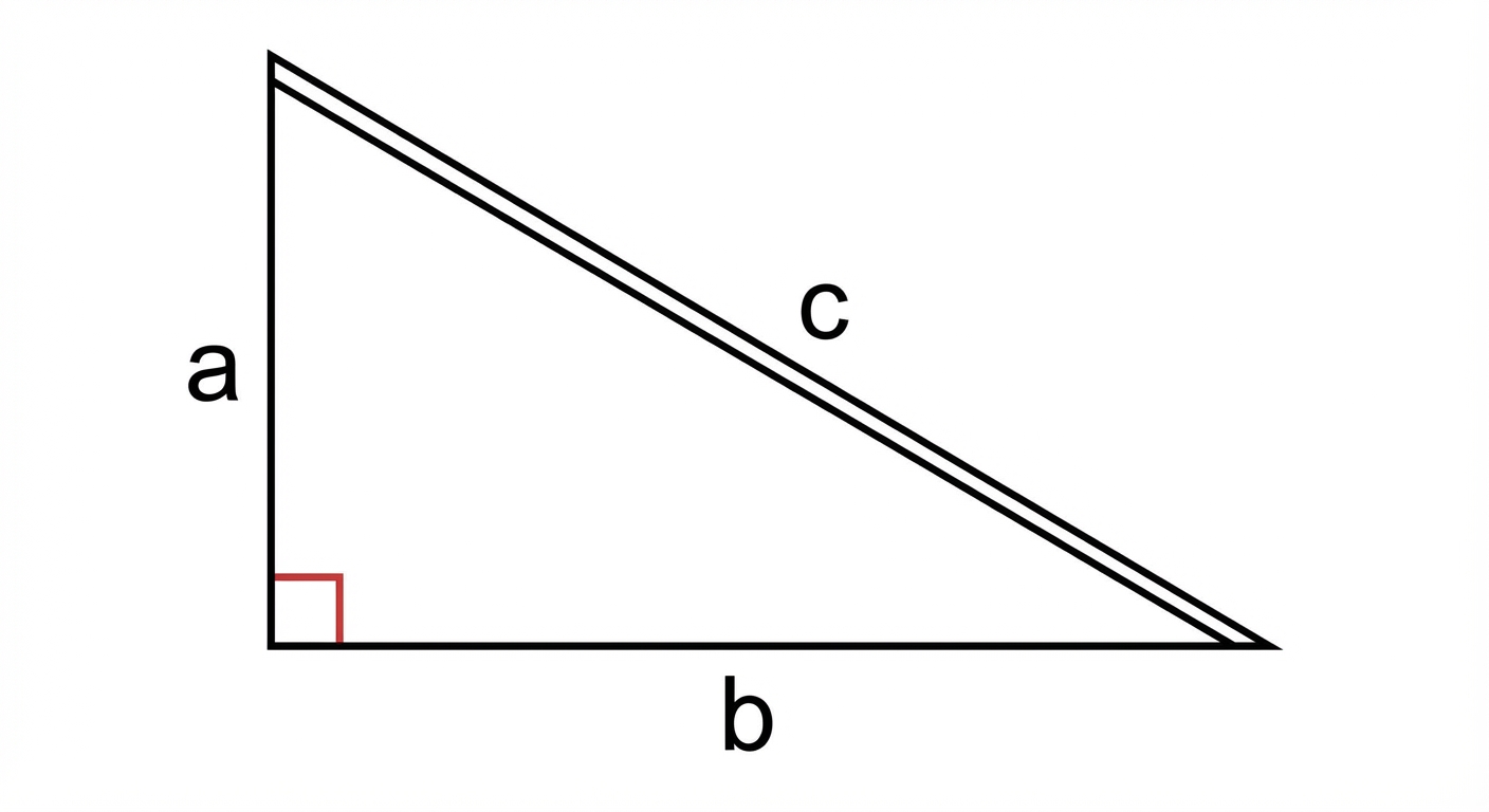A clear diagram of a right-angled triangle. The right angle is marked, and the sides are labeled 'a', 'b', and 'c' (hypotenuse).