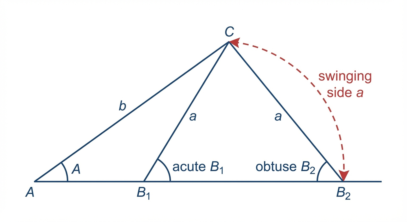 A diagram showing two sides (a and b) and a non-included angle (A), illustrating how side 'a' can swing to form two possible triangles, one with an acute angle B and one with an obtuse angle B'.