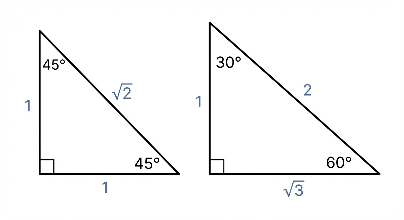 A diagram showing two special right-angled triangles. The first is a 45-45-90 triangle with sides labeled 1, 1, and sqrt(2). The second is a 30-60-90 triangle with sides labeled 1 (opposite 30°), sqrt(3) (opposite 60°), and 2 (hypotenuse).