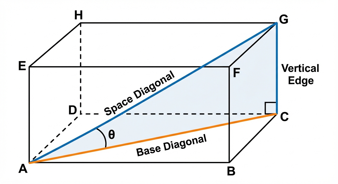 A diagram showing a cuboid with a space diagonal (the line) and the diagonal of the base (its projection/shadow), forming a right-angled triangle with a vertical edge of the cuboid.