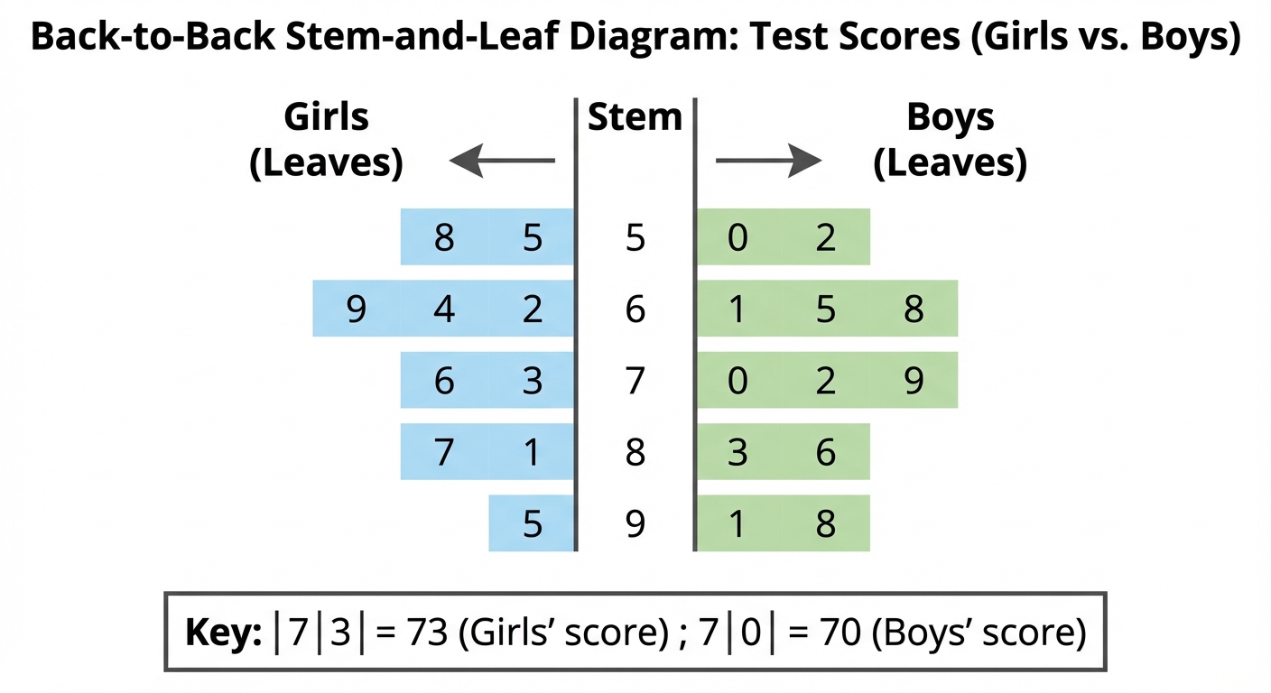 A back-to-back stem-and-leaf diagram comparing boys' and girls' test scores. The stem is in the middle, with leaves for girls on the left and leaves for boys on the right.