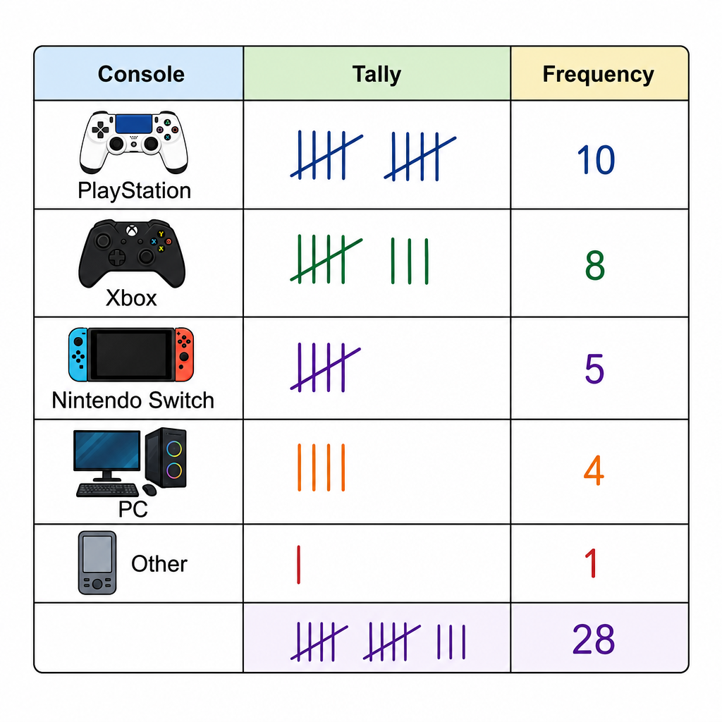 A clear example of a tally and frequency table showing favourite gaming consoles with columns for 'Console', 'Tally', and 'Frequency'.