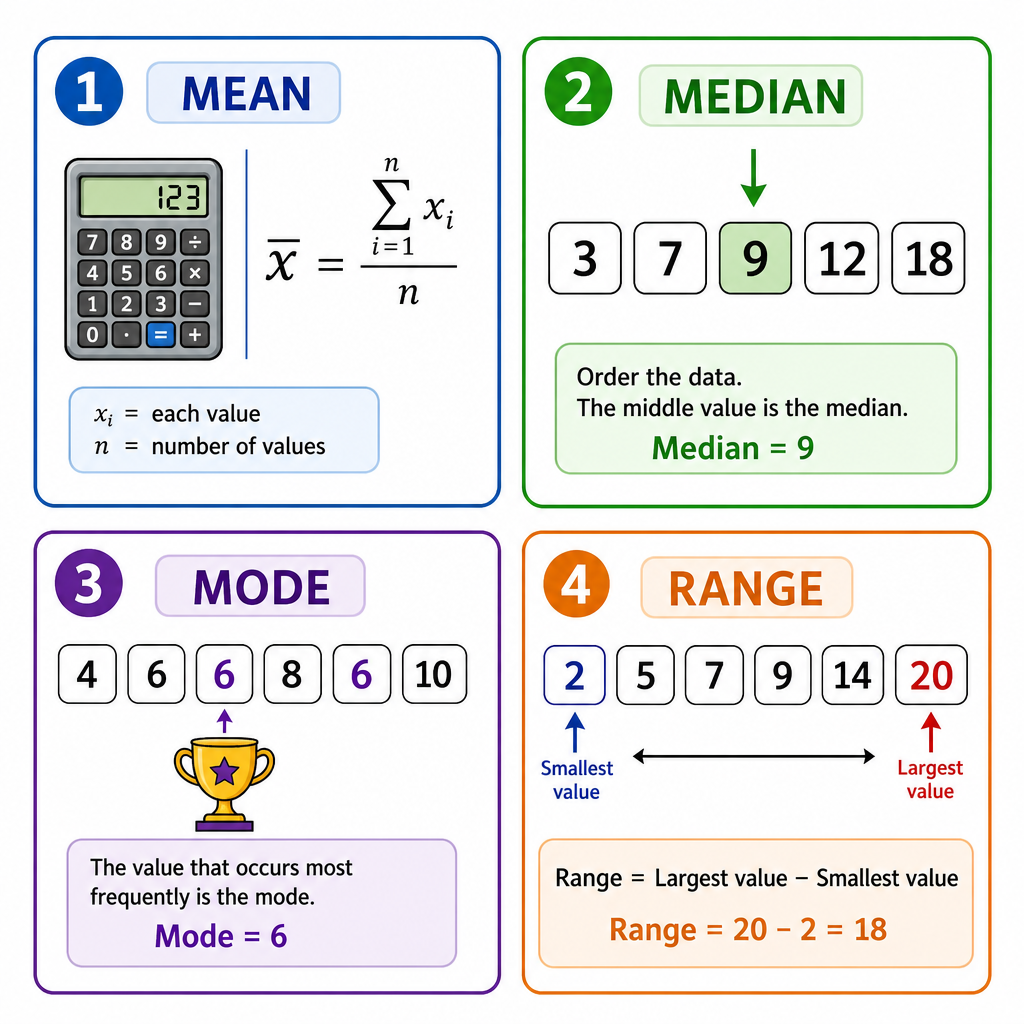 A colorful infographic showing four boxes. Box 1 for Mean with a calculator icon and the formula . Box 2 for Median with an icon of a list of numbers with the middle one highlighted. Box 3 for Mode with a trophy icon next to the most frequent number. Box 4 for Range with an arrow pointing between the smallest and largest number.