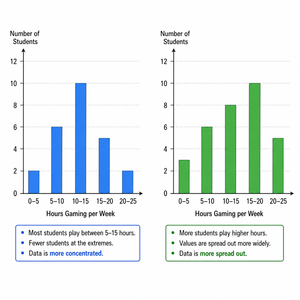 A side-by-side comparison of two bar charts, one showing 'Hours Gaming per Week for Group A' and the other for 'Group B'. Group B's bars are generally higher but also more spread out.