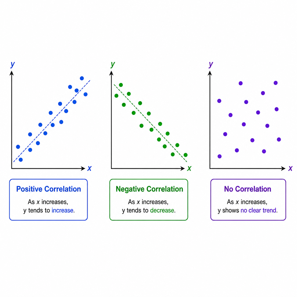 A clear diagram showing three scatter plots side-by-side. The first shows points trending upwards (Positive Correlation). The second shows points trending downwards (Negative Correlation). The third shows points scattered randomly (No Correlation). Each graph is clearly labelled.
