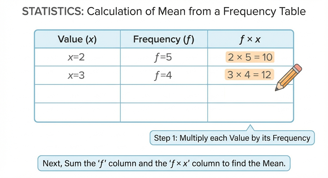 A simple frequency table with two columns: 'Value (x)' and 'Frequency (f)'. A third column, 'f times x', is being filled in to show the calculation process.