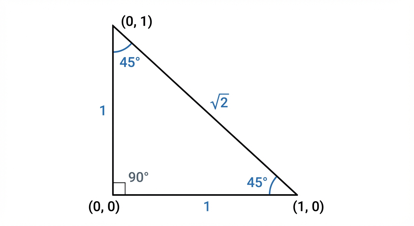 An isosceles right-angled triangle with angles 45°, 45°, 90°. The sides opposite the 45° angles are labelled '1', and the hypotenuse is labelled 'sqrt(2)'.