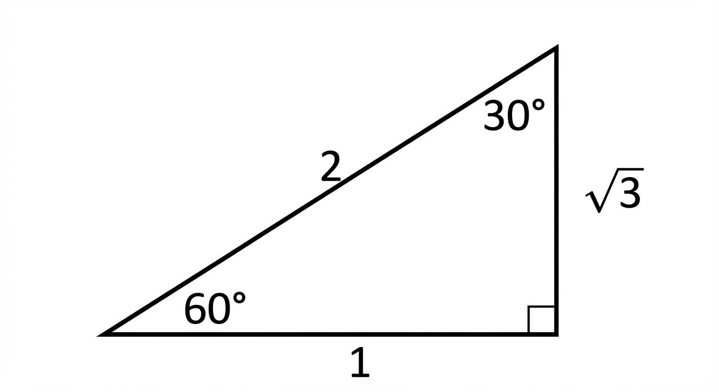 A 30-60-90 right-angled triangle. The angle at the bottom left is 60°, the top angle is 30°. The side opposite 30° is '1', the side opposite 60° is 'sqrt(3)', and the hypotenuse is '2'.