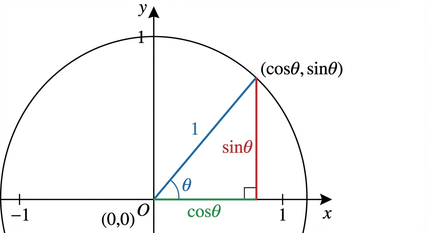 A diagram of the unit circle in the first quadrant, showing a right-angled triangle with hypotenuse 1, adjacent side labelled cosθ, and opposite side labelled sinθ.