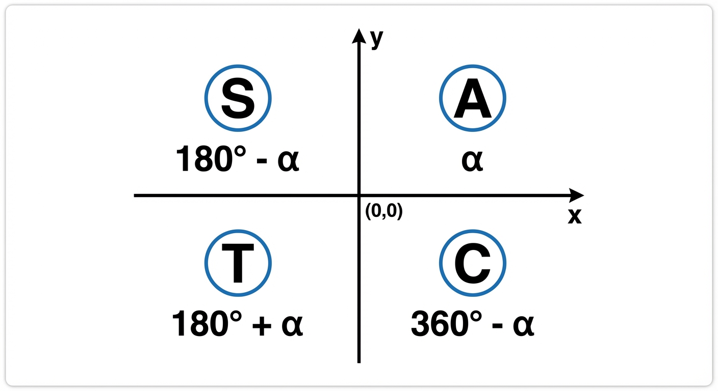 A clear, labelled CAST diagram showing the four quadrants. 'A' in Q1, 'S' in Q2, 'T' in Q3, 'C' in Q4. Each quadrant should also show the rule for finding the secondary angle: Q1 = , Q2 = , Q3 = , Q4 = .
