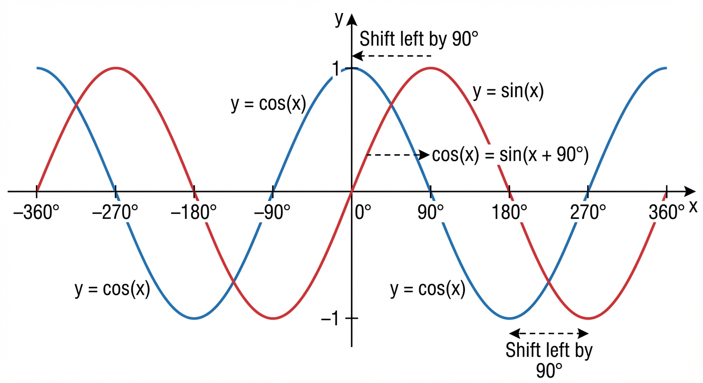 A clear diagram showing the graphs of y=sin(x) and y=cos(x) on the same axes from -360° to 360°, highlighting how the cos graph is a horizontal shift of the sin graph.
