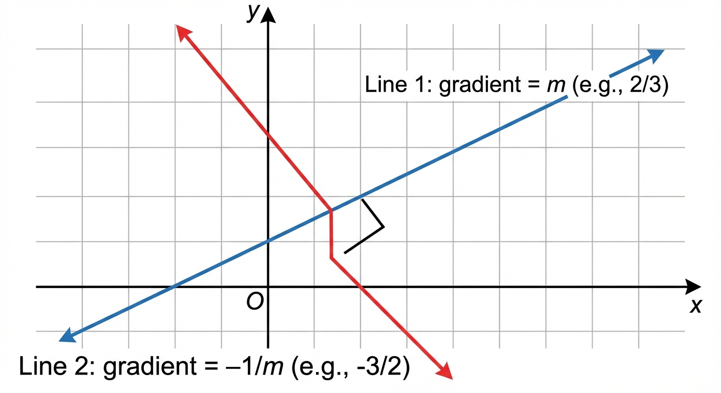 A diagram showing two perpendicular lines on a Cartesian grid. Line 1 has a positive gradient 'm' (e.g., 2/3), and Line 2 has a negative reciprocal gradient '-1/m' (e.g., -3/2), clearly showing the right angle at their intersection.