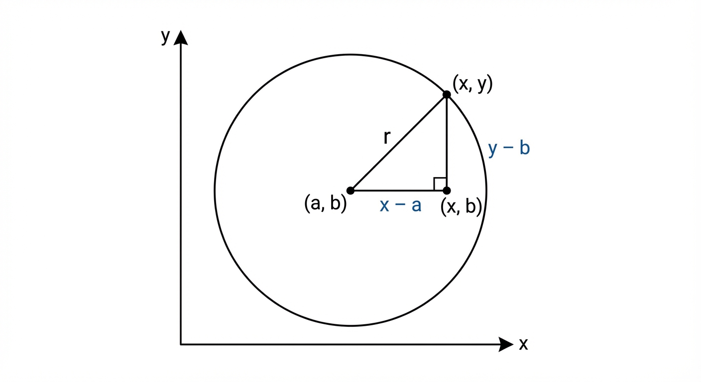 A diagram of a circle on a Cartesian plane. The centre is labelled (a, b). A point on the circumference is labelled (x, y). A right-angled triangle is drawn with vertices at (a, b), (x, b), and (x, y). The horizontal side is labelled 'x-a', the vertical side is 'y-b', and the hypotenuse is the radius, 'r'.