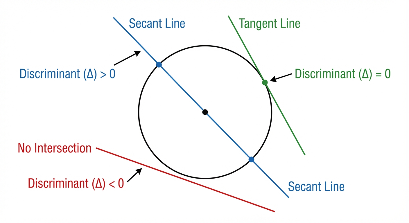 A diagram showing a circle with three lines: one intersecting at two points (a secant), one tangent at a single point, and one missing the circle entirely. Each line is labelled with its corresponding discriminant condition.