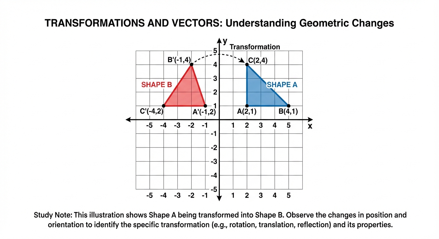A grid showing Shape A, a triangle with vertices (2,1), (4,1), (2,4), and Shape B, a triangle with vertices (-1,2), (-1,4), (-4,2).
