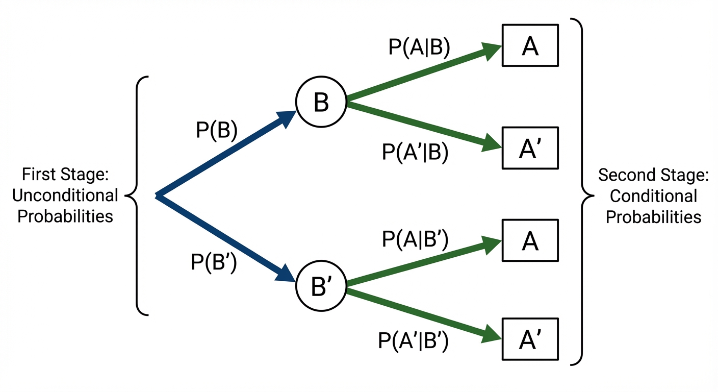 A detailed tree diagram for a two-stage experiment. The first branches are labelled P(B) and P(B'). The second set of branches extending from the B outcome are labelled P(A|B) and P(A'|B), while the branches from B' are labelled P(A|B') and P(A'|B'). This visually separates the unconditional and conditional probabilities.