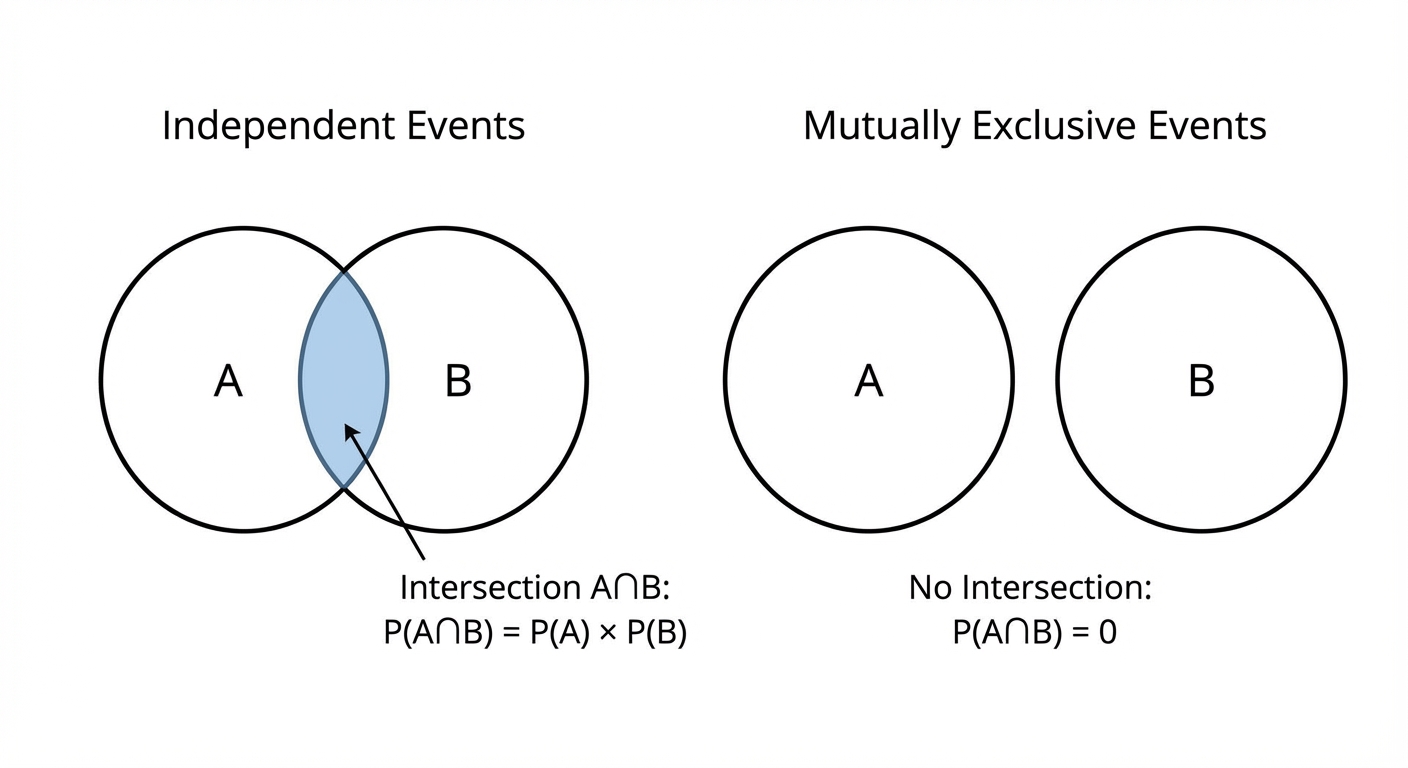 A Venn diagram comparing independent and exclusive events. The independent diagram shows two overlapping circles labelled A and B, with the intersection A∩B shaded. The exclusive diagram shows two separate, non-overlapping circles labelled A and B.