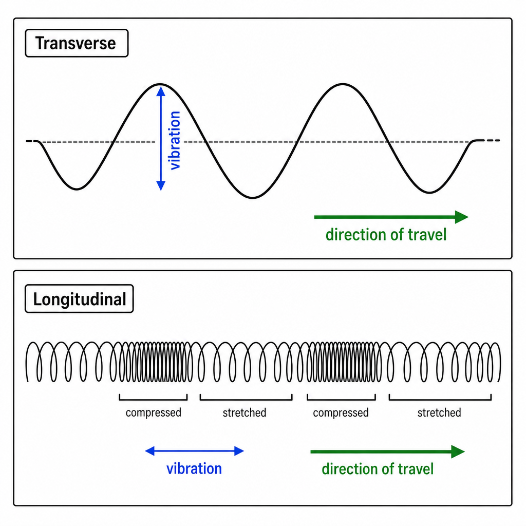 Two stacked panels. Top panel labelled "Transverse" shows a sine-shaped wave moving right with a vertical double-headed arrow labelled "vibration" and a horizontal arrow labelled "direction of travel" showing the vibration is at right angles to travel. Bottom panel labelled "Longitudinal" shows a horizontal spring/slinky with alternating compressed and stretched regions, a horizontal double-headed arrow labelled "vibration" and a horizontal arrow labelled "direction of travel" showing vibration parallel to travel. Clean black-on-white technical diagram.