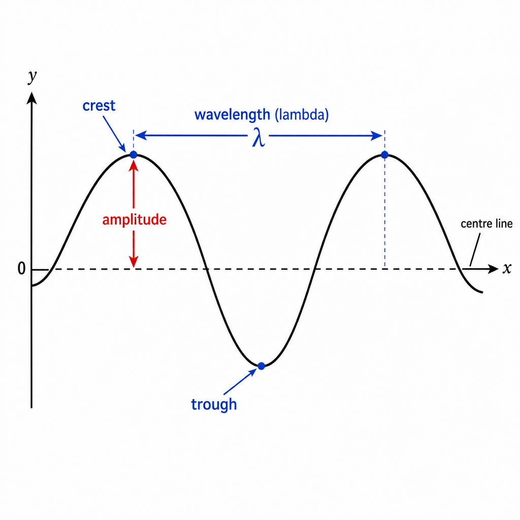 A single transverse wave drawn as a sine curve on labelled axes. One full cycle is marked with a horizontal double-headed arrow labelled "wavelength (lambda)" from one crest to the next crest. The vertical distance from the centre line up to a crest is marked with an arrow labelled "amplitude". A crest is labelled "crest" and a trough labelled "trough", with a dashed horizontal centre line. Clean technical diagram, black on white.
