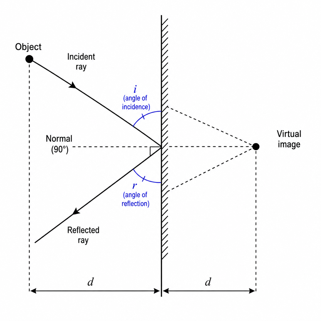 A plane mirror drawn as a vertical line with diagonal hatching behind it. An incident ray strikes the mirror, with a dashed normal line at 90 degrees to the surface at the point of contact. The angle between the incident ray and the normal is labelled "i (angle of incidence)" and the angle between the reflected ray and the normal is labelled "r (angle of reflection)", drawn equal. An object dot in front and its image dot the same distance behind the mirror, joined by a dashed line, image labelled "virtual image". Clean technical ray diagram, black on white.