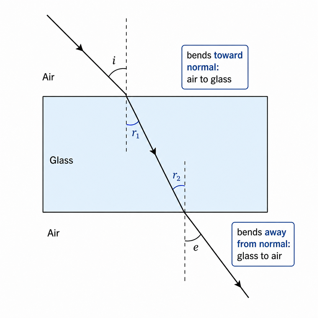 A rectangular glass block drawn as a horizontal slab. A light ray travels from the upper left in air, strikes the top surface, and bends toward a dashed normal line as it enters the glass (label "bends toward normal: air to glass"). Inside the glass the ray crosses to the bottom surface and exits bending away from a second dashed normal (label "bends away from normal: glass to air"). Angles to each normal lightly marked. Clean technical ray diagram, black on white.