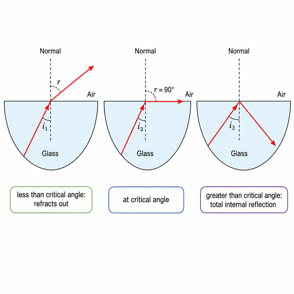 Three small panels of a semicircular glass block showing a ray inside the glass hitting the flat surface. Panel 1: shallow angle, ray refracts out and bends away from the normal (label "less than critical angle: refracts out"). Panel 2: ray exits right along the surface (label "at critical angle"). Panel 3: steep angle, ray reflects entirely back into the glass (label "greater than critical angle: total internal reflection"). Clean technical comparison diagram, black on white.