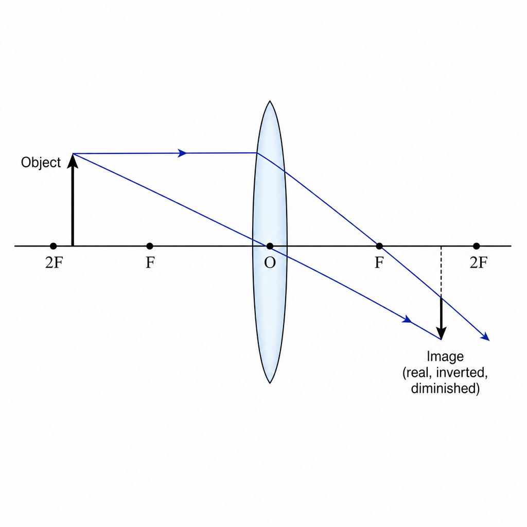 A ray diagram for a converging lens forming a real image. A vertical converging lens at the centre with principal axis horizontal through it. Principal focus F marked on both sides and 2F marked on both sides. An upright object arrow stands beyond 2F on the left. Two rays drawn from the object top: one parallel to the axis then bent through F on the far side, one straight through the lens centre undeviated. They cross beyond F on the right to form an inverted, smaller image arrow pointing down. Image labelled "real, inverted, diminished". Clean technical ray diagram, black on white.