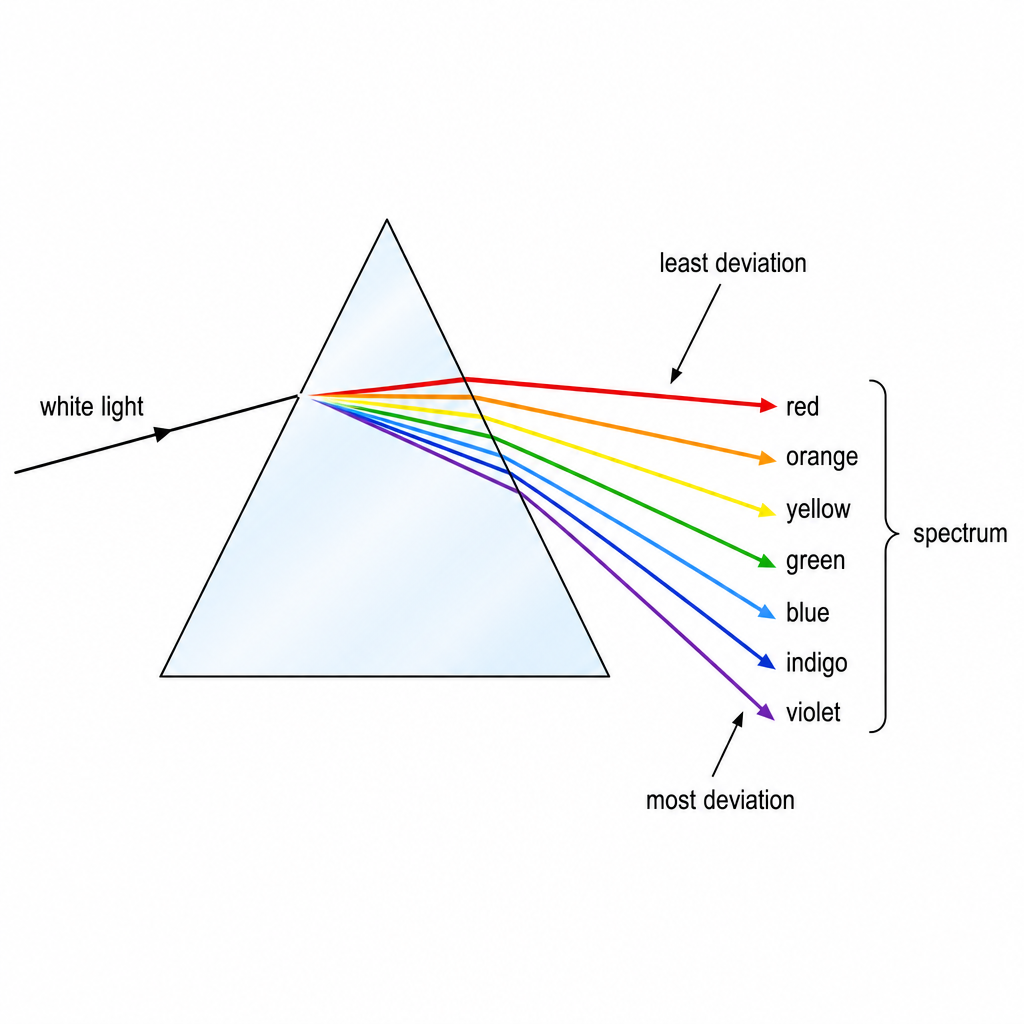 A triangular glass prism with a single beam of white light entering from the left. Inside and exiting the prism the beam fans out into a labelled spectrum of bands in order from top to bottom: red, orange, yellow, green, blue, indigo, violet. The red band bends least and the violet band bends most. Label "white light" on the incoming beam and "spectrum" on the fanned output. Clean technical diagram, black on white.