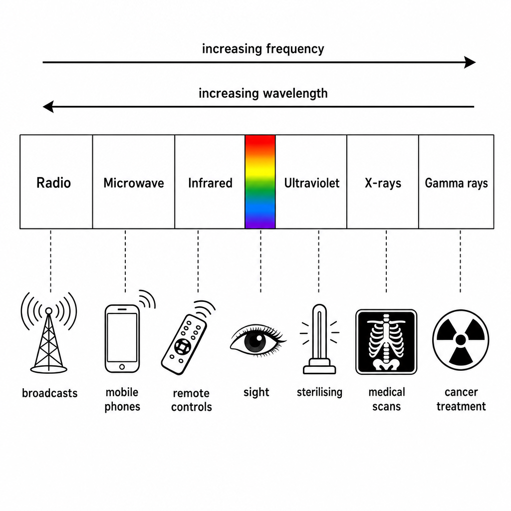 A horizontal electromagnetic spectrum bar divided into seven labelled bands left to right: Radio, Microwave, Infrared, Visible, Ultraviolet, X-rays, Gamma rays. Above the bar an arrow labelled "increasing frequency" points right and an arrow labelled "increasing wavelength" points left. The Visible band is shown as a thin rainbow strip (red to violet). Below each band a one or two word use is printed: radio "broadcasts", microwave "mobile phones", infrared "remote controls", visible "sight", ultraviolet "sterilising", X-rays "medical scans", gamma "cancer treatment". Clean technical labelled chart, black on white with the visible band in colour.