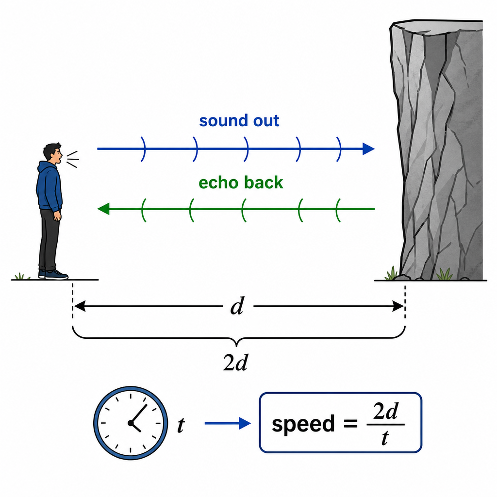 A person standing a distance d from a tall vertical cliff face. A sound wave drawn as arrows travels from the person to the cliff (label "sound out") and a second set of arrows returns (label "echo back"). A small bracket labels the round-trip distance "2d". A clock icon shows the time t for the echo to return. Caption-style label: "speed = 2d / t". Clean simple technical illustration, black on white.