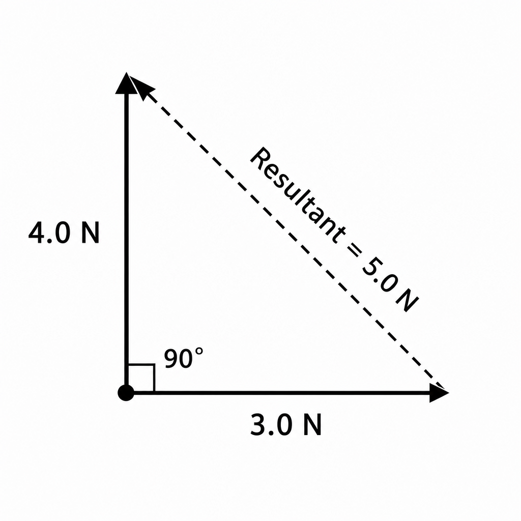 A vector triangle showing two perpendicular force arrows from a common point: one labelled "3.0 N" pointing right (horizontal), one labelled "4.0 N" pointing up (vertical). The resultant is drawn as a diagonal arrow from the start of the 3 N arrow to the tip of the 4 N arrow, labelled "Resultant = 5.0 N". A small right-angle square marks the 90° corner. Clean black-on-white technical vector diagram.