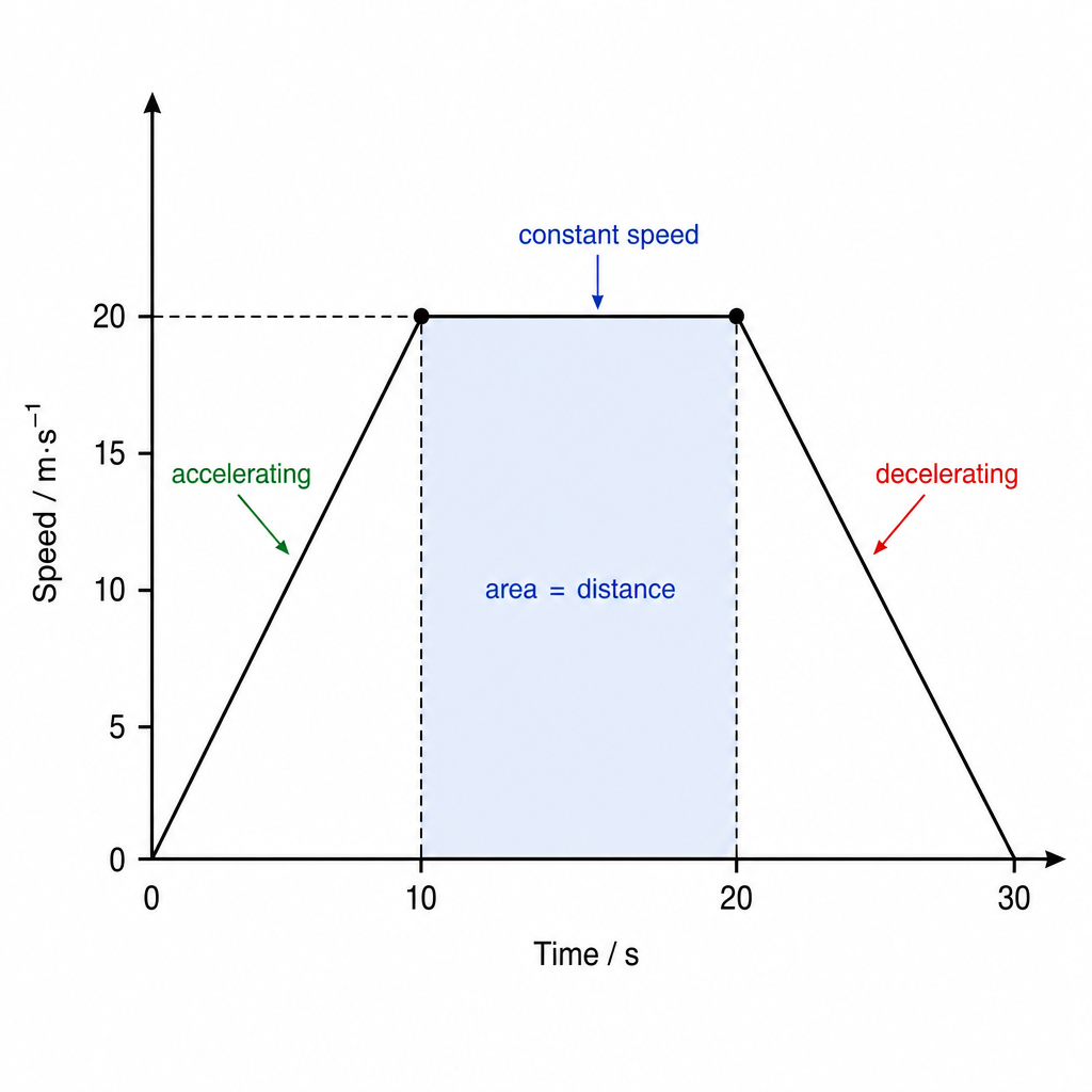 A speed-time graph. Vertical axis "Speed / m·s⁻¹" from 0 to 20, horizontal axis "Time / s" from 0 to 30. The line rises straight from (0,0) to (10,20) labelled "accelerating", runs flat from (10,20) to (20,20) labelled "constant speed", then falls straight from (20,20) to (30,0) labelled "decelerating". A shaded region under the middle flat section is labelled "area = distance". Clean technical graph, black on white.
