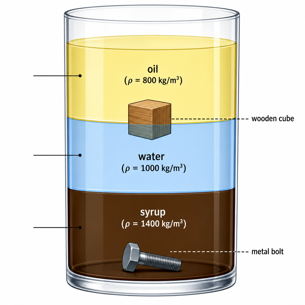 A tall glass column showing three liquid layers separated by horizontal boundaries. Bottom layer labelled "syrup (ρ = 1400 kg/m³)" shaded dark, middle layer "water (ρ = 1000 kg/m³)" shaded medium, top layer "oil (ρ = 800 kg/m³)" shaded light. A small wooden cube floats at the oil-water boundary and a metal bolt rests on the bottom. Clean technical diagram with density labels on each layer.