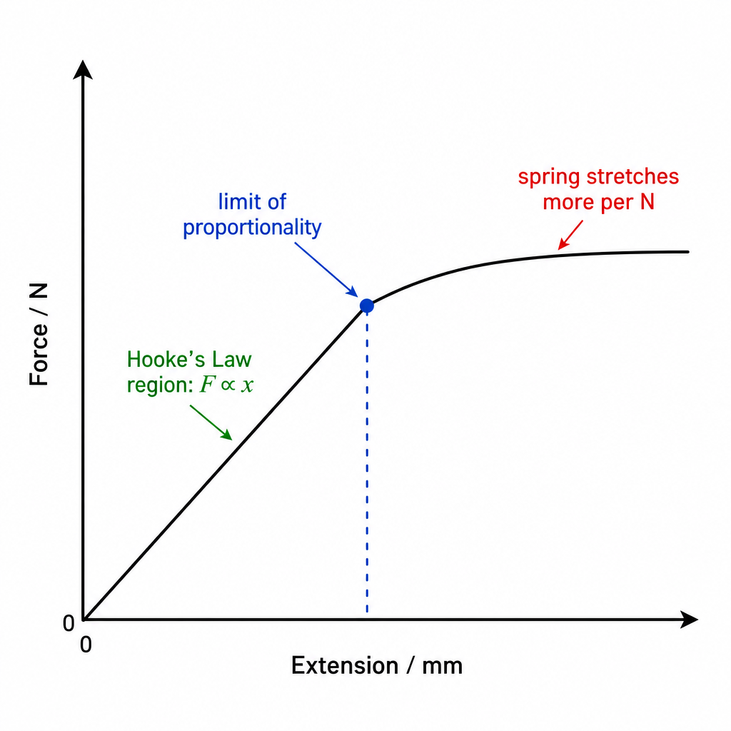 A graph of a spring's behaviour. Vertical axis "Force / N", horizontal axis "Extension / mm". A straight line rises from the origin (labelled "Hooke's Law region: F ∝ x") up to a marked point labelled "limit of proportionality", after which the curve bends to the right and flattens (labelled "spring stretches more per N"). Clean technical graph, black on white.